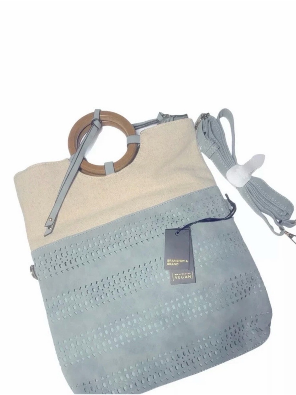 Vegan Two-Tone Tote Bag in Light Blue and Cream